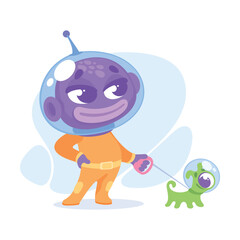 Purple Alien Character in Helmet Walk Dog Vector Illustration