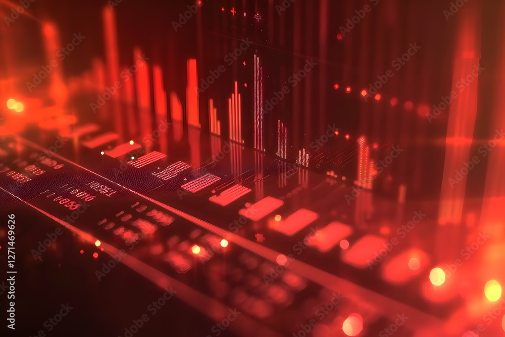 Poster abstract visualization of sound waves and frequency analysis with vibrant red hues in a digital inte
