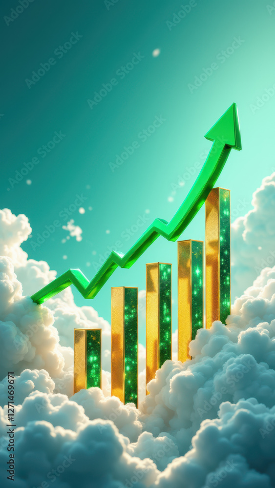 Poster a dynamic illustration of rising financial data with a green up arrow symbolizing growth on a cloud 