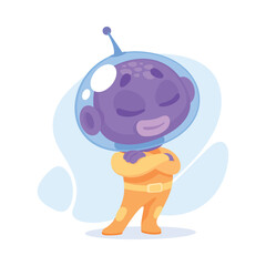 Purple Alien Character in Helmet Stand with Folded Arms Vector Illustration
