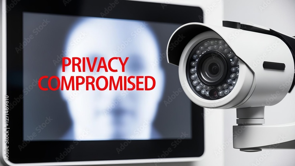 Poster a security camera is shown next to a screen displaying the message 