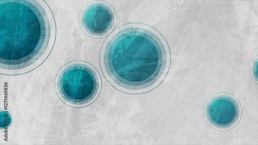 Poster blue geometrical circles on grey grunge abstract background. seamless looping concept minimal tech m