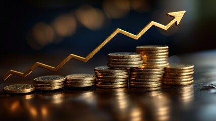 Growth Gold coins rising, bokeh background