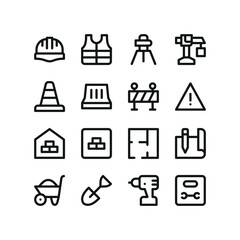 Construction site line UI icons. Interface icons for web and app with editable stroke