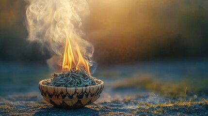 Burning sage bundle in dim light for energy cleansing and spiritual rituals, ideal for meditation blogs, websites, and wellness use