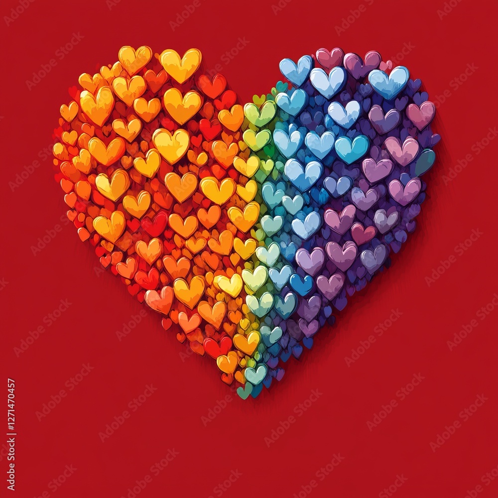 Poster colorful heart design with multiple small hearts in a rainbow pattern against a bright red backgroun