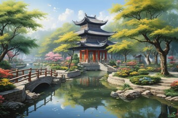 Fototapeta premium painting of a pagoda in a park with a pond and bridge
