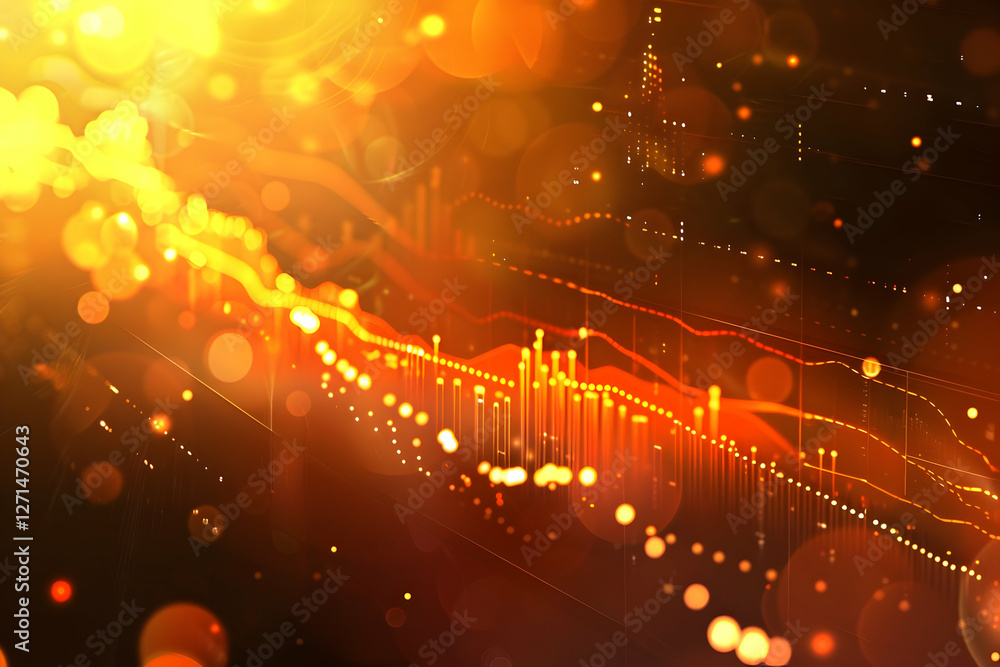Poster abstract visualization of glowing orange and yellow light patterns with data graphs in the backgroun