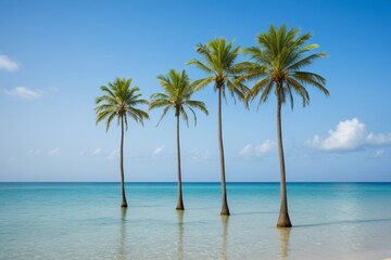 Fototapeta premium three palm trees are standing in the water on a beach