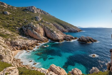 rocky coastline with blue water and green vegetation on a sunny day