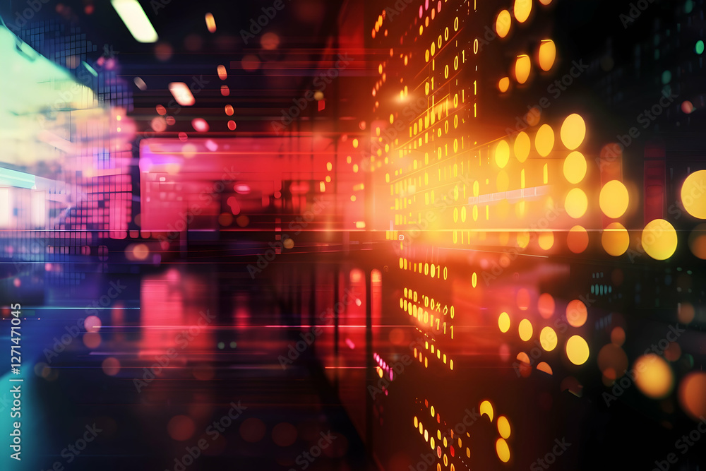 Poster abstract representation of digital data flow in a modern server room with vibrant colors
