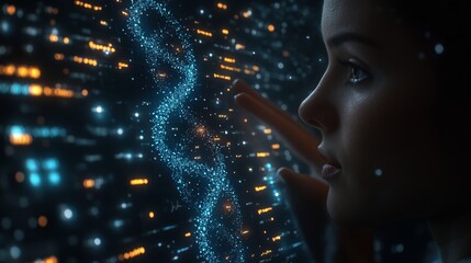 Woman amazed by DNA data visualization on futuristic screen.