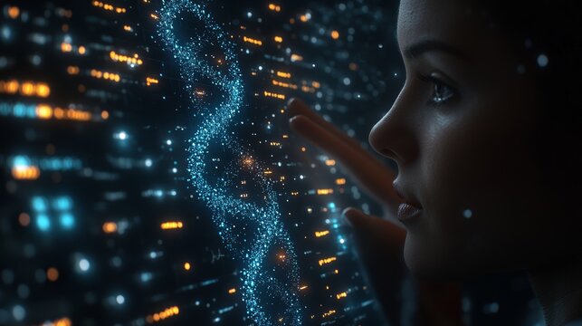 Woman amazed by DNA data visualization on futuristic screen.