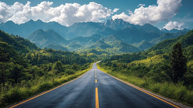 An expansive highway and sunny day with verdant mountains, featuring puffy white clouds and rolling hills. 