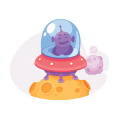 Purple Alien Character in Ufo Shuttle Vector Illustration
