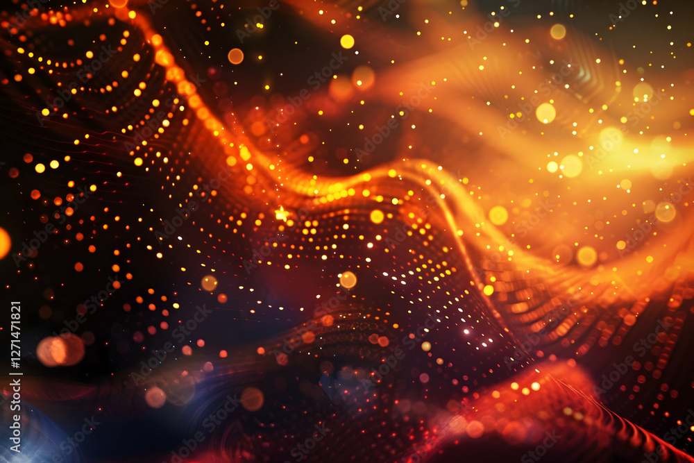 Poster abstract vibrant background with glowing particles and waves, creating a dynamic visual effect