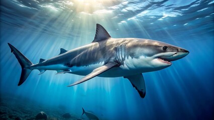 Fototapeta premium Majestic Great White Shark Illuminated by Sunbeams in Deep Ocean Waters