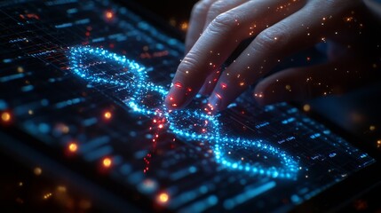 Hand interacting with a glowing DNA double helix on a digital screen.