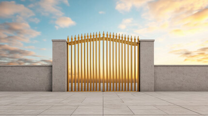 Golden gates shining under morning sun with beautiful sky.