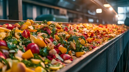 Fresh produce conveyor, vibrant fruits, vegetables, industrial setting, sorting process, bustling environment, food distribution.