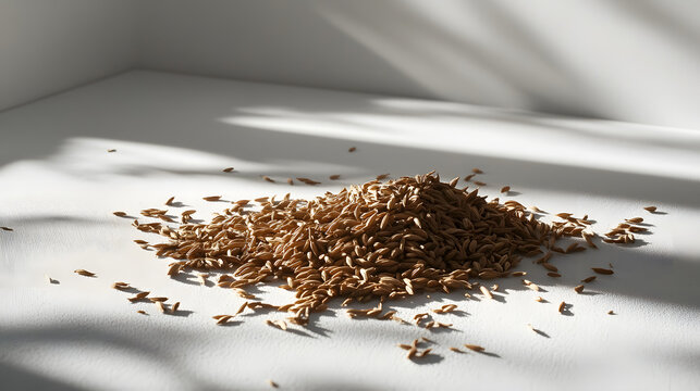 A spread of cumin seeds across a dark wood surface, with their rich brown tones clearly visible against the dark background.
