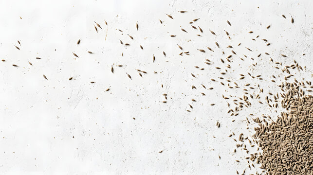 A spread of cumin seeds across a dark wood surface, with their rich brown tones clearly visible against the dark background.