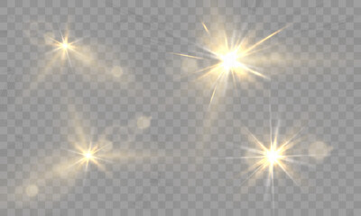 Glowing gold light bursts, lens flare set, radiant sparkles, transparent overlay, warm illumination, starry highlights, soft bokeh, luminous refractions, abstract shining effects, golden glow accents