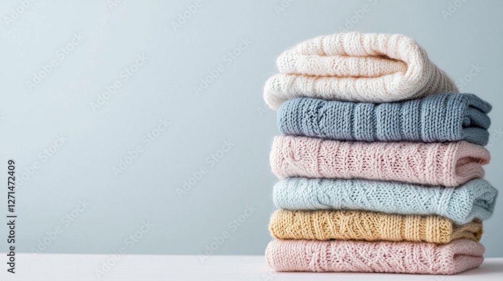 Poster a stack of delicate pastel cotton clothes showcases a serene color palette, inviting a sense of tran