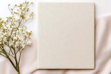 Blank canvas with white flowers and beige fabric background