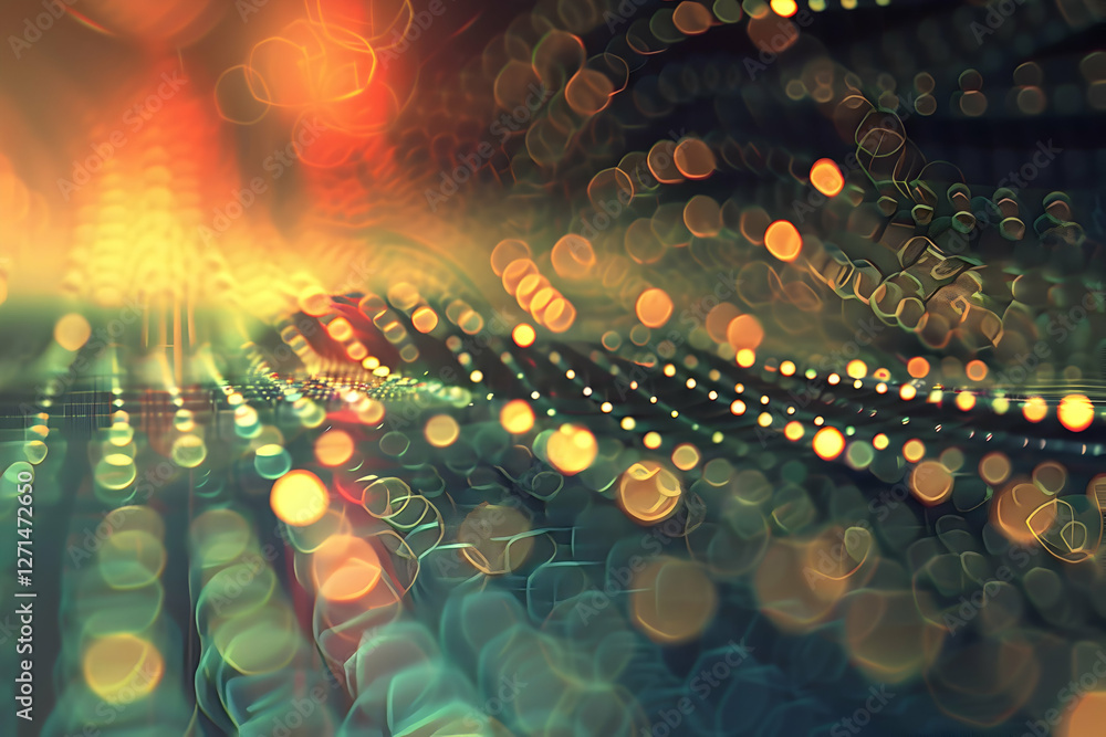 Poster abstract representation of vibrant light waves and bokeh effects creating a dynamic visual experienc
