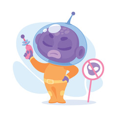 Purple Alien Character in Helmet Stand with Pistol Vector Illustration