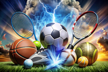 Sports equipment energized by lightning; dramatic sunset background