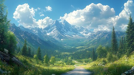 Verdant mountains under a sunny day, with an expansive highway, puffy white clouds, and evergreen trees. 