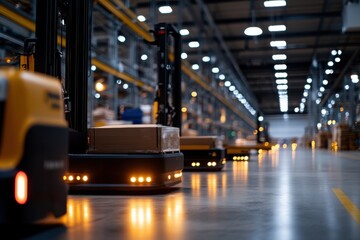 A dynamic view of an industrial warehouse filled with automated forklifts machinery illuminated by bright lights portrays the future of logistics and technology-driven efficiency.
