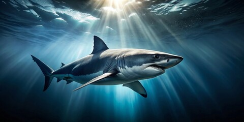 Fototapeta premium Majestic Great White Shark Illuminated by Sunbeams in Deep Ocean Waters