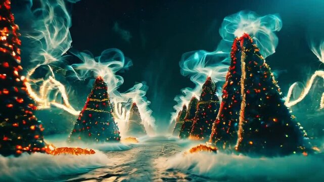 A whimsical Christmas scene with stylized trees. The art features swirling fog and electric-like auras around the trees.