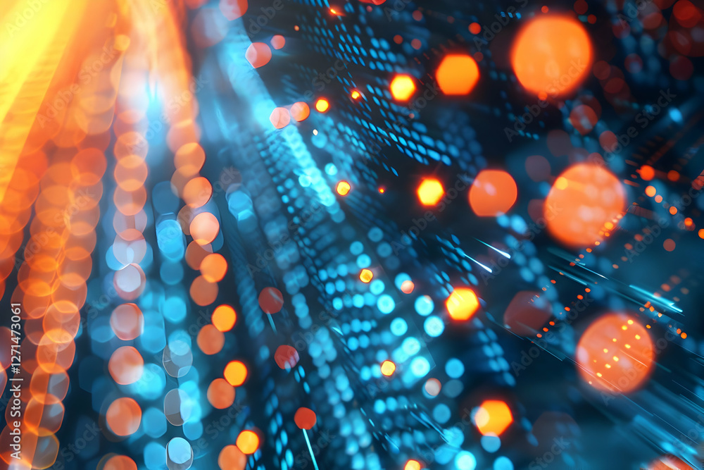 Poster abstract digital background with vibrant bokeh lights and data patterns, creating a sense of motion