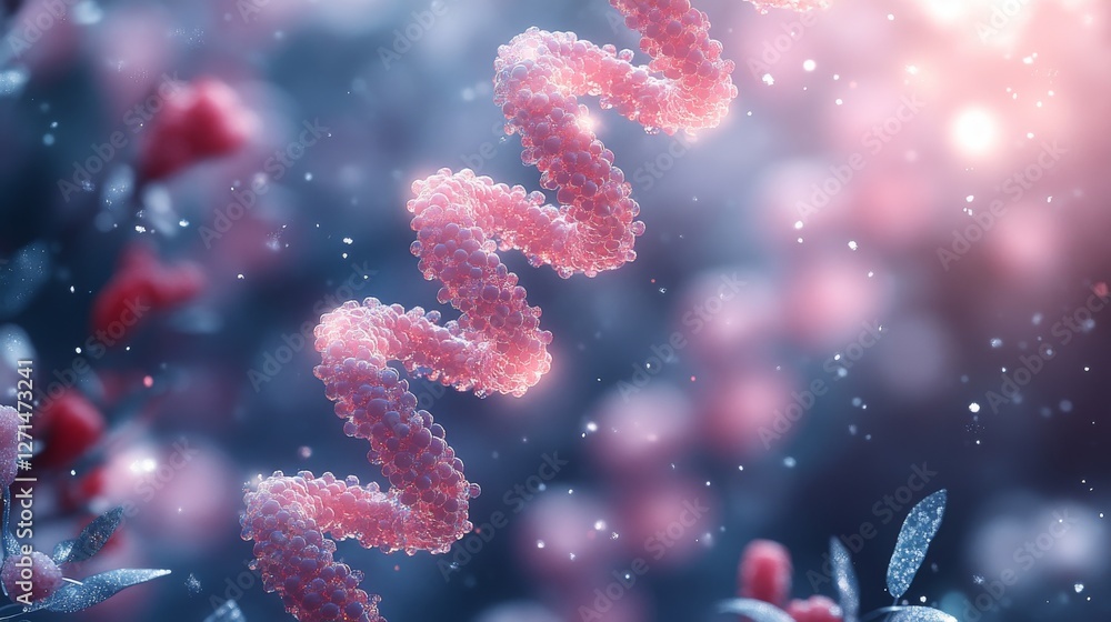Aufkleber microscopic 3d rendering of a dna helix strand with blurred background.