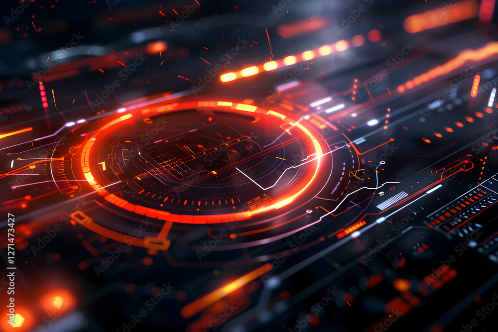 Poster futuristic abstract technology background with glowing circular patterns and data visualizations