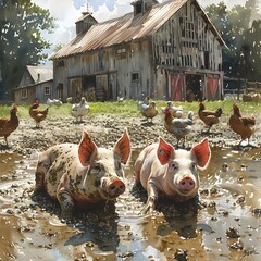 pair of pigs rolling in the mud in a sunny farmyar dfddfffe AI generated illustration