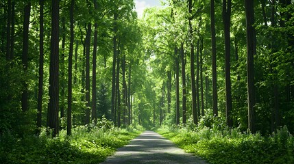 Fototapeta premium Sunlit Path Through Lush Green Forest