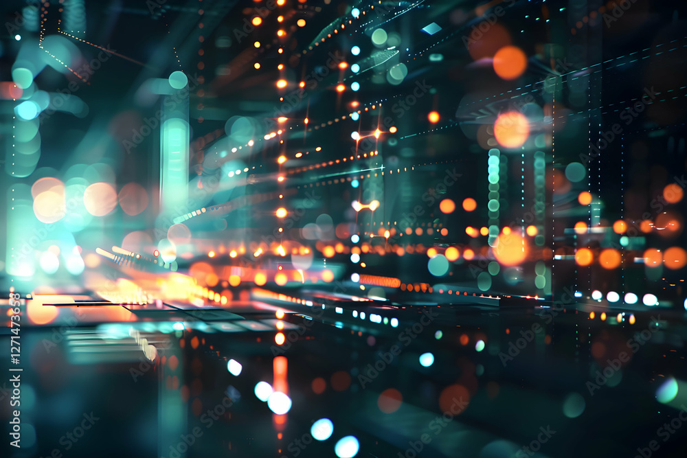 Poster abstract futuristic digital landscape with vibrant lights and dynamic patterns in a tech environment
