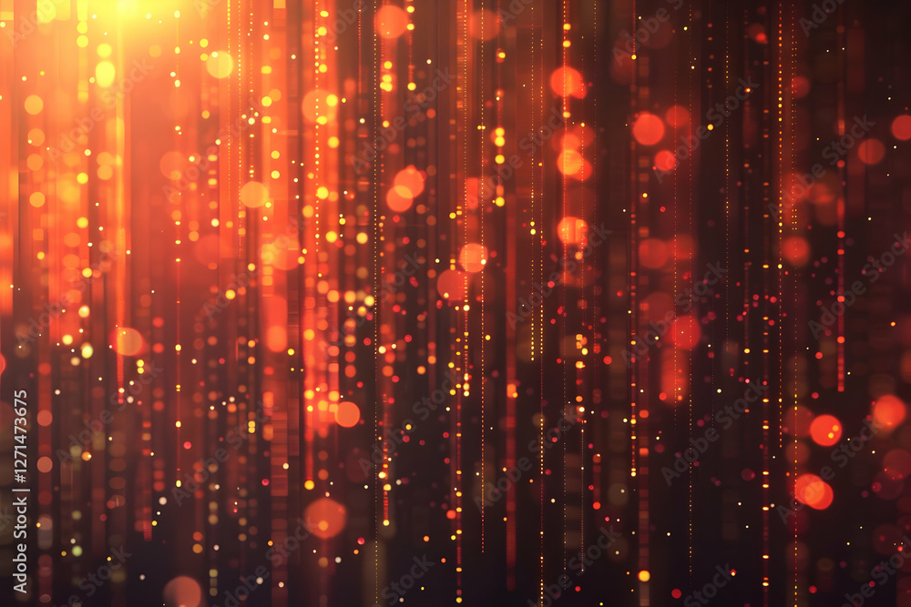 Poster abstract background with shimmering golden particles cascading in vertical lines, creating a warm gl