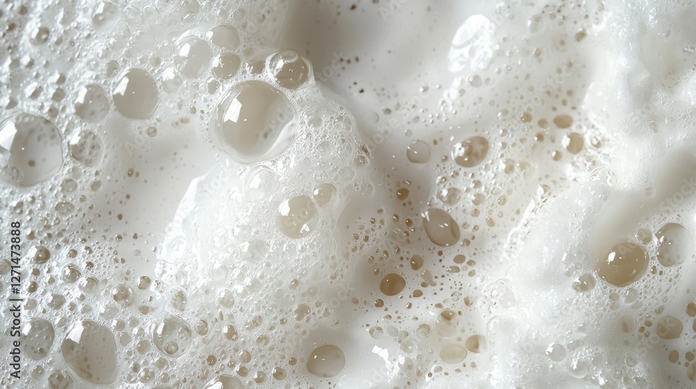 Aufkleber A close-up view captures the intricate patterns and formations of glistening soap foam, reflecting soft light as tiny bubbles rise and merge, creating an abstract masterpiece in white
