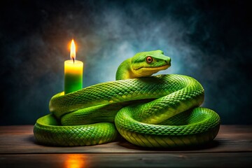 Fototapeta premium 2025 Green Snake New Year Symbol, Candlelight, Dark Background - Architectural Photography