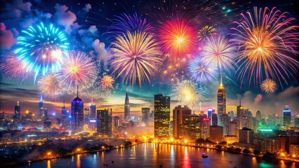 2025 New Year Fireworks: Double Exposure Cityscape & Celebration