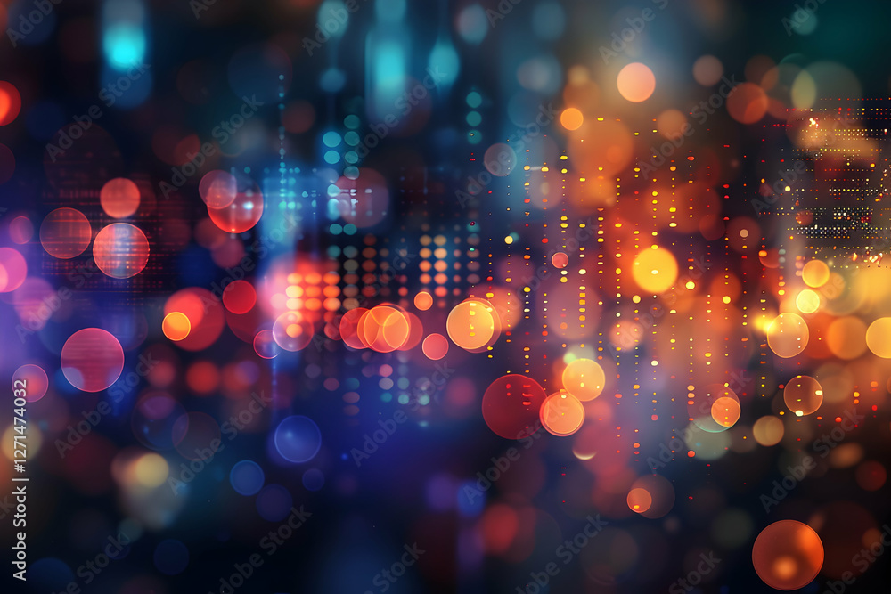 Poster abstract colorful bokeh lights with digital patterns creating a vibrant background effect