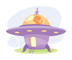 Alien Character Fly in Ufo Shuttle Vector Illustration