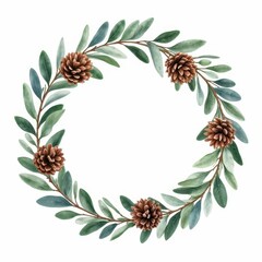 Fototapeta premium Elegant Watercolor Pine Cone and Foliage Wreath for Holiday Decor or Botanical Illustration