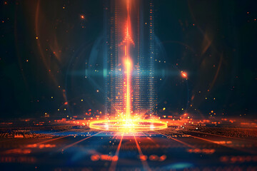 Futuristic digital landscape showcasing a glowing data tower emitting light amidst a tech environment